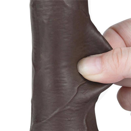 Close-up of hand squeezing the outer layer of Sliding Skin Dual Layer Dildo 7.5 to show realistic texture and dual-density feature.