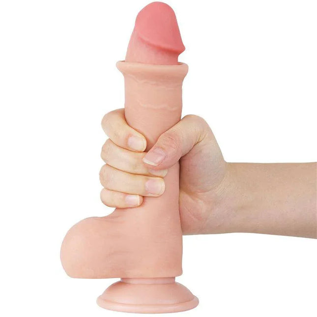 Hand holding Sliding Skin Dual Layer Dildo 8 with realistic texture, showcasing dual-density TPE design for lifelike stimulation.