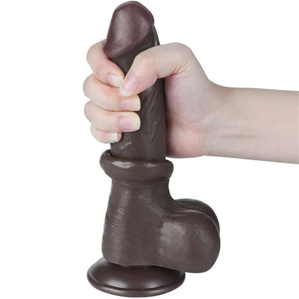 Sliding Skin Dual Layer Dildo 8 showcasing realistic texture and design held in hand, highlighting dual-density technology for lifelike feel.