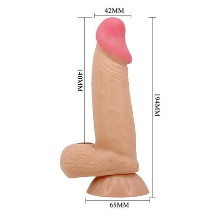 Sliding Skin Realistic Dildo 19.4 cm with veined shaft and suction base, dimensions shown in millimeters.