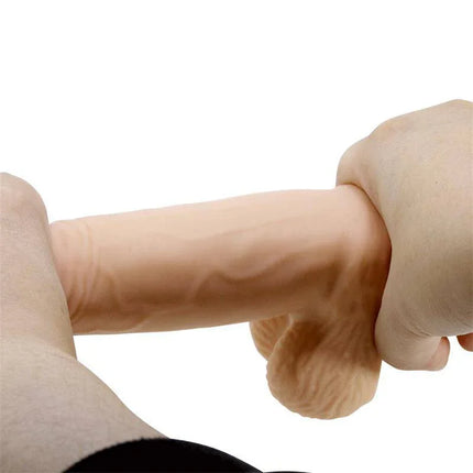 Hands holding Sliding Skin Realistic Dildo 19.4 cm with veined shaft and lifelike texture, showcasing its flexibility and design.