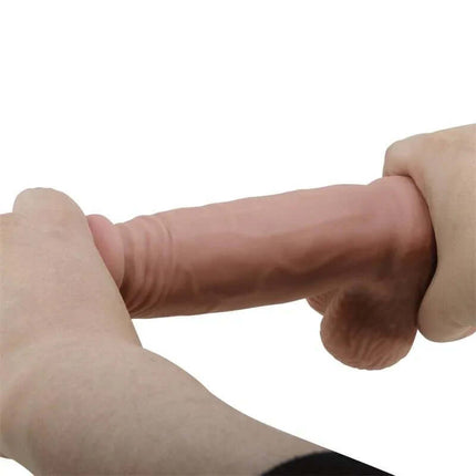 Sliding Skin Realistic Dildo 19.4 cm with lifelike veined texture and sliding skin technology held in hand.