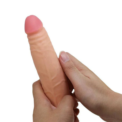 Sliding Skin Realistic Dildo 8.3-21 cm being held, showcasing lifelike texture and flexible design for solo pleasure use.