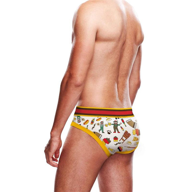 Model wearing colorful novelty briefs with a patterned design, featuring a two-tone waistband for a contemporary look.