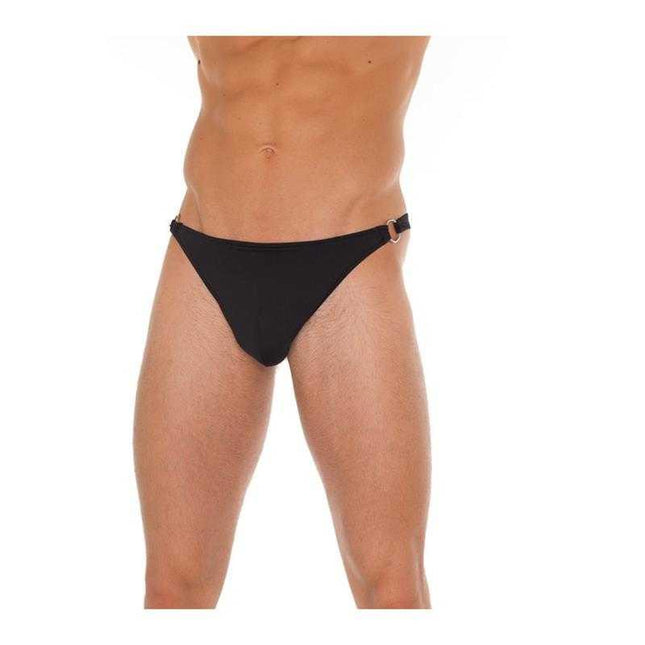 Slip with Buckles Black One Size thong showing round side buckles and stretchy fabric blend for comfort and elegance.