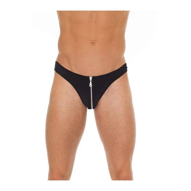 Slip with Zipper Black One Size thong featuring edgy design and discreet crotch zipper for quick access, crafted from polyamide and elastane.