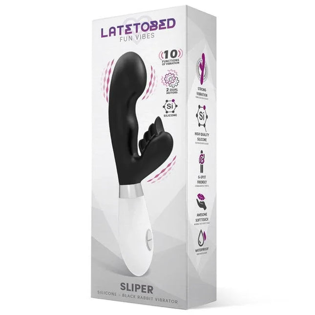 Sliper Rabbit Vibe Silicone Black dual-motor vibrator in packaging, featuring ergonomic handle and premium silicone material.