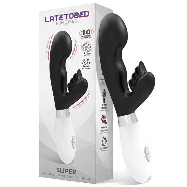 Sliper Rabbit Vibe Silicone Black dual-motor vibrator with ergonomic handle and rounded G-spot tip for targeted stimulation in packaging.
