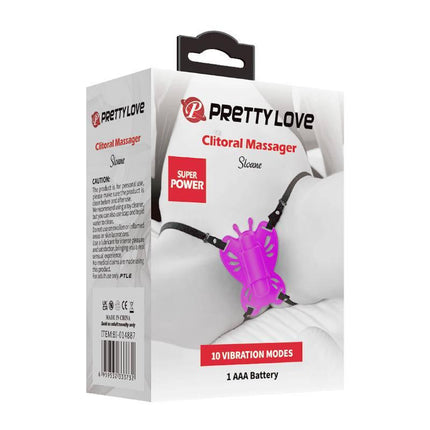 Sloane Clitoral Massage packaging featuring butterfly-shaped stimulator with 10 vibration modes and adjustable harness.