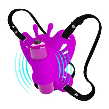 Sloane Clitoral Massage, butterfly-shaped stimulator with adjustable harness, 10 vibration modes, velvety finish for solo play.