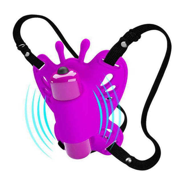 Sloane Clitoral Massage, butterfly-shaped stimulator with adjustable harness, 10 vibration modes, velvety finish for solo play.