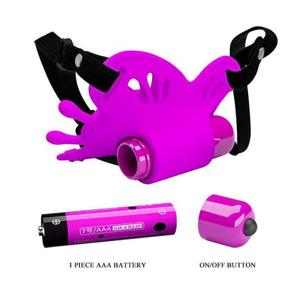 Sloane Clitoral Massage butterfly-shaped stimulator with adjustable harness and 10 vibration modes, includes AAA battery and button
