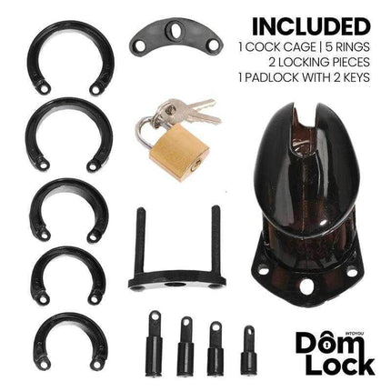 Small Chastity Cage - Optimal Comfort & Security by Domlock, includes cock cage, rings, locking pieces, padlock, and keys.