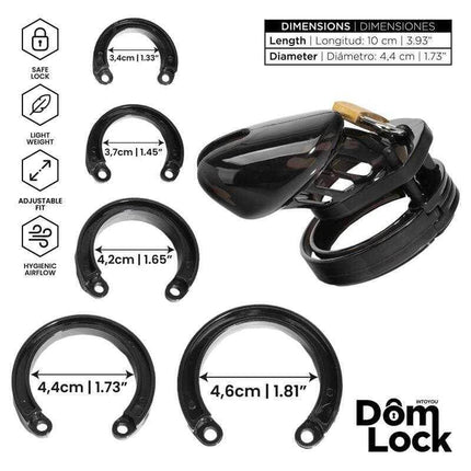 Small Chastity Cage - Optimal Comfort & Security by Domlock with adjustable rings and safe lock feature.
