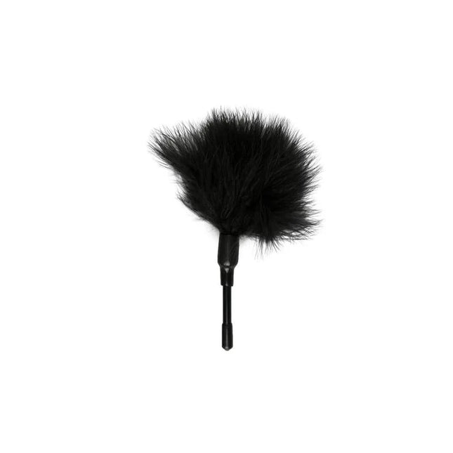 Small Tickler - Black feather sensory tool with compact grip for light teasing and stimulation.