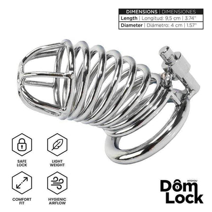 Small Warden Chastity Cage by Domlock, a sleek silver penis cage enhancing submission, with features like safe lock and comfort fit.