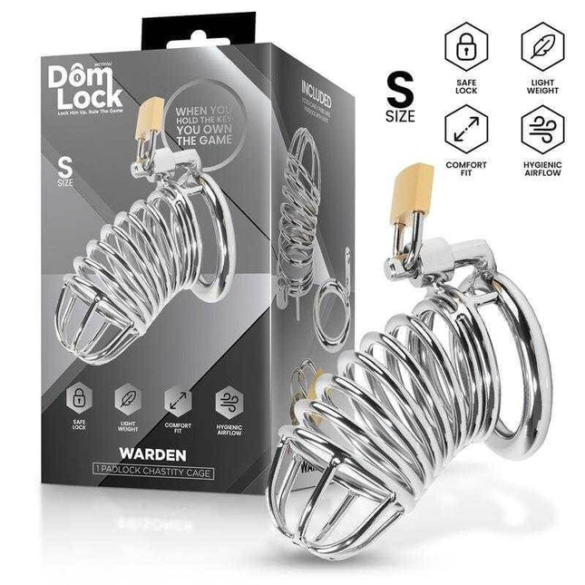 Small Warden Chastity Cage by Domlock - Secure metal design for submission and pleasure. Safe lock, lightweight, comfort fit.