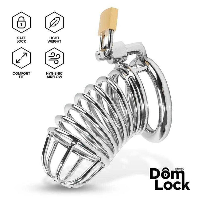 Small Warden Chastity Cage by Domlock, comfortable and secure penis cage with lock, highlighting lightweight and hygienic airflow features.