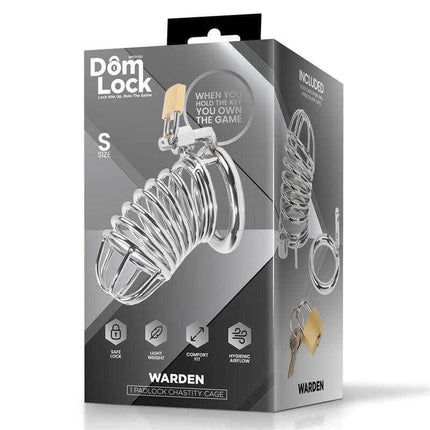 Box packaging of Small Warden Chastity Cage by Domlock with design details and product features.