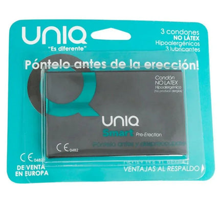 Packaging of Uniq Smart Condoms no Latex 3 pcs with hypoallergenic features.