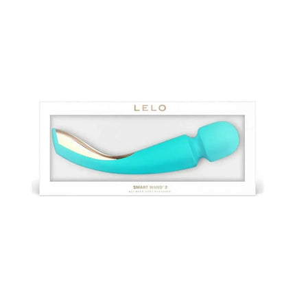 Smart Wand 2 Large Aqua in packaging with flexible head and sleek design, showcasing 8 vibration functions for a customized massage experience