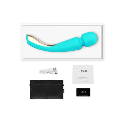 Smart Wand 2 Large Aqua wireless massager with flexible head and accessories, featuring a vibrant aqua color and soft silicone material.
