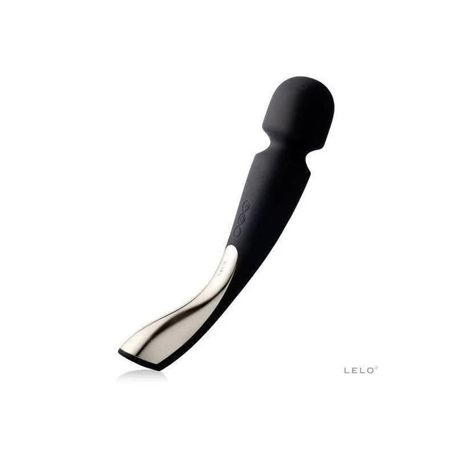 Smart Wand 2 Large Black cordless massager with flexible head and 8 vibration functions, featuring soft silicone material.