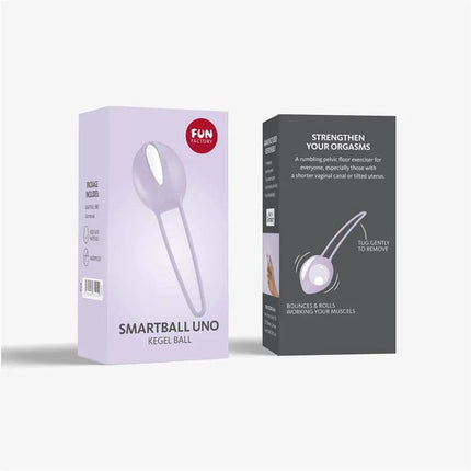 Smartball uno Kegel Ball White/Pastel Lilac packaging front and back view highlighting key benefits for pelvic floor strength.
