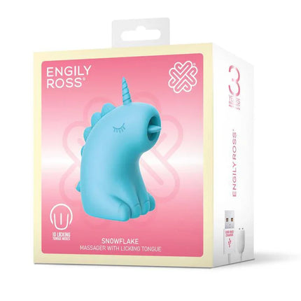 Snowflake Massager with Licking Tongue in blue unicorn shape packaging