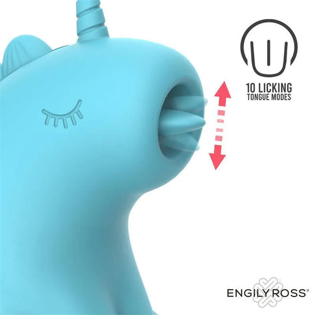 Snowflake Massager with Licking Tongue in blue, unicorn-shaped design with 10 licking modes illustration in the background.