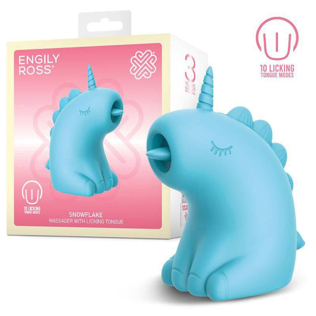 Snowflake Massager with Licking Tongue, blue unicorn-shaped toy, features 10 licking functions, premium silicone, USB rechargeable