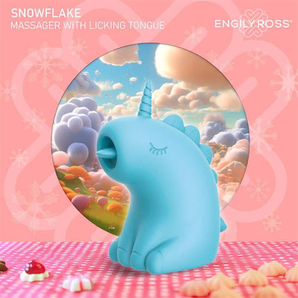 Snowflake Massager with Licking Tongue, blue unicorn-shaped toy against dreamy sky background, for holistic pleasure and relaxation.