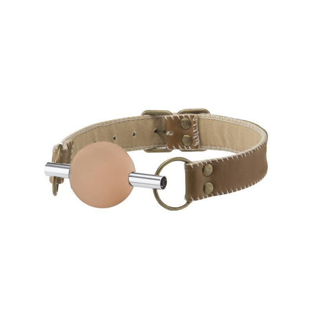 Solid Ball Gag with brown leather straps and adjustable buckle for secure fit in bondage play.