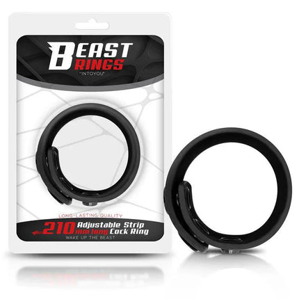 Solid Silicone Adjustable Strip Cock Ring 15-21 cm by Beast Rings in packaging and standalone view.
