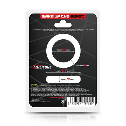 Back view of packaging for Solid Silicone Cock Ring 4.5 cm showing dimensions and specifications