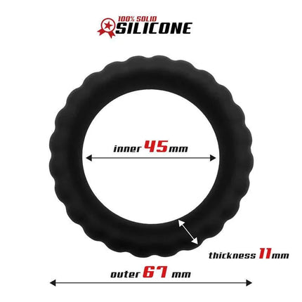 Solid Silicone Cock Ring 4.5 cm with dimensions: inner 45 mm, outer 67 mm, and thickness 11 mm showcasing durable design.