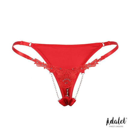 Red Sophie Lace Thong with Breads by Adalet featuring lace accents, sparkling straps, and rhinestones for a luxurious lingerie style.