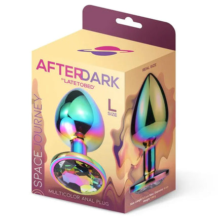 Packaging of Space Journey Multicolor Butt Plug Jewel Size L with vibrant colors and jewel base.