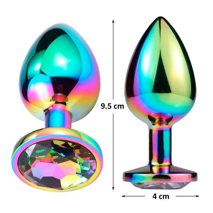 Space Journey Multicolor Butt Plug Jewel Size L with rainbow finish and jewel base, dimensions 9.5 cm length, 4 cm diameter.