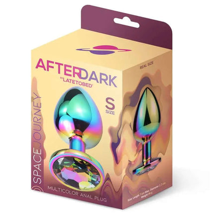 Packaging of Space Journey Multicolor Butt Plug with Jewel Size S by Afterdark, featuring a vibrant design and jewel detail.