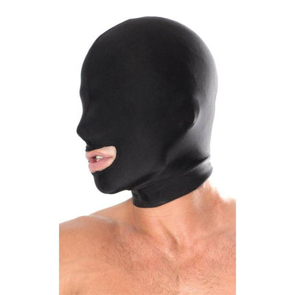 Person wearing a Spandex Open Mouth Hood in shiny black, showcasing sensory play gear designed for anonymity and enhanced senses.