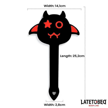 Spanking Paddle 25.2 cm with devil design from Latetobed BDSM, featuring 14.1 cm width and 2.8 cm handle for precise control.