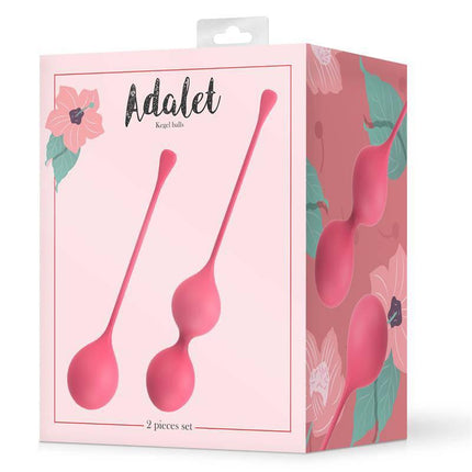 Spheres Set of 2 Kegel Balls by Adalet in pink packaging, featuring a two-piece silicone kit for pelvic floor exercise and health.