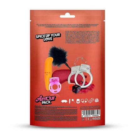 Spice Up Your Love 7 Pcs Gift Set packaging featuring cuffs, eye mask, tickler, and more for couples by Amour Pack