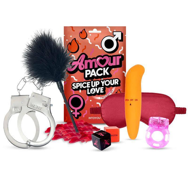 Spice Up Your Love 7 Pcs Gift Set with eye mask, handcuffs, and sensory toys for couples from Amour Packs.