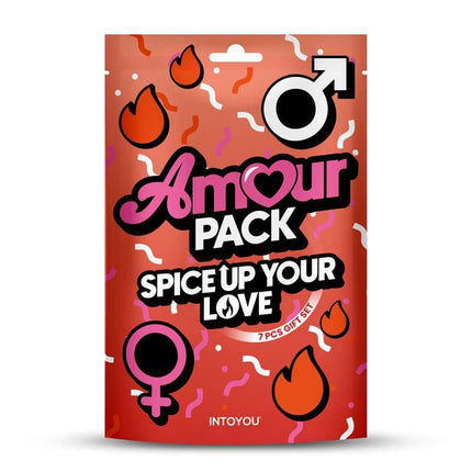 Spice Up Your Love 7 Pcs Gift Set packaging with romantic and playful design elements, featuring Amour Pack logo on a red background.