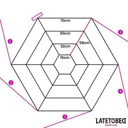 Diagram of Spider Web Bed Bondage dimensions from Latetobed BDSM Line showing measurements for secure restraint design.