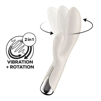 Spinning Rabbit 1 White vibrator showcasing vibration and rotation functions with dual-movement illustration, enhancing solo pleasure.