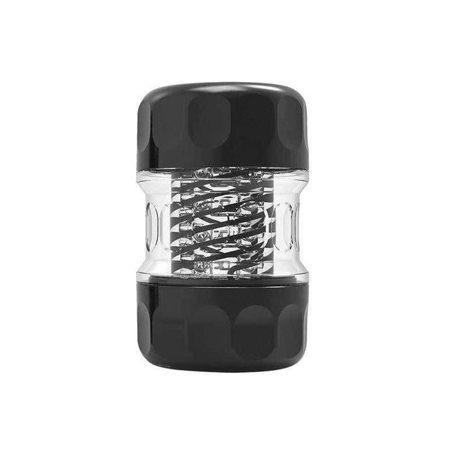 Spiral Portable Quin Cup Masturbator with Suction, compact black design for discreet pleasure and enhanced stimulation.
