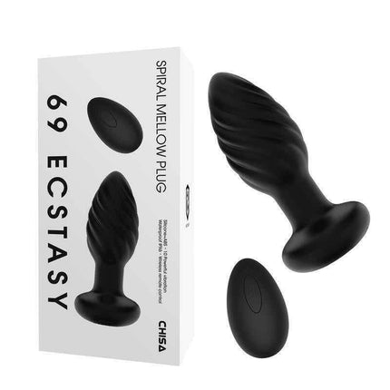 Spiral Vibration Anal Plug with Remote Control next to product packaging, showcasing its silicone design and spiral profile.